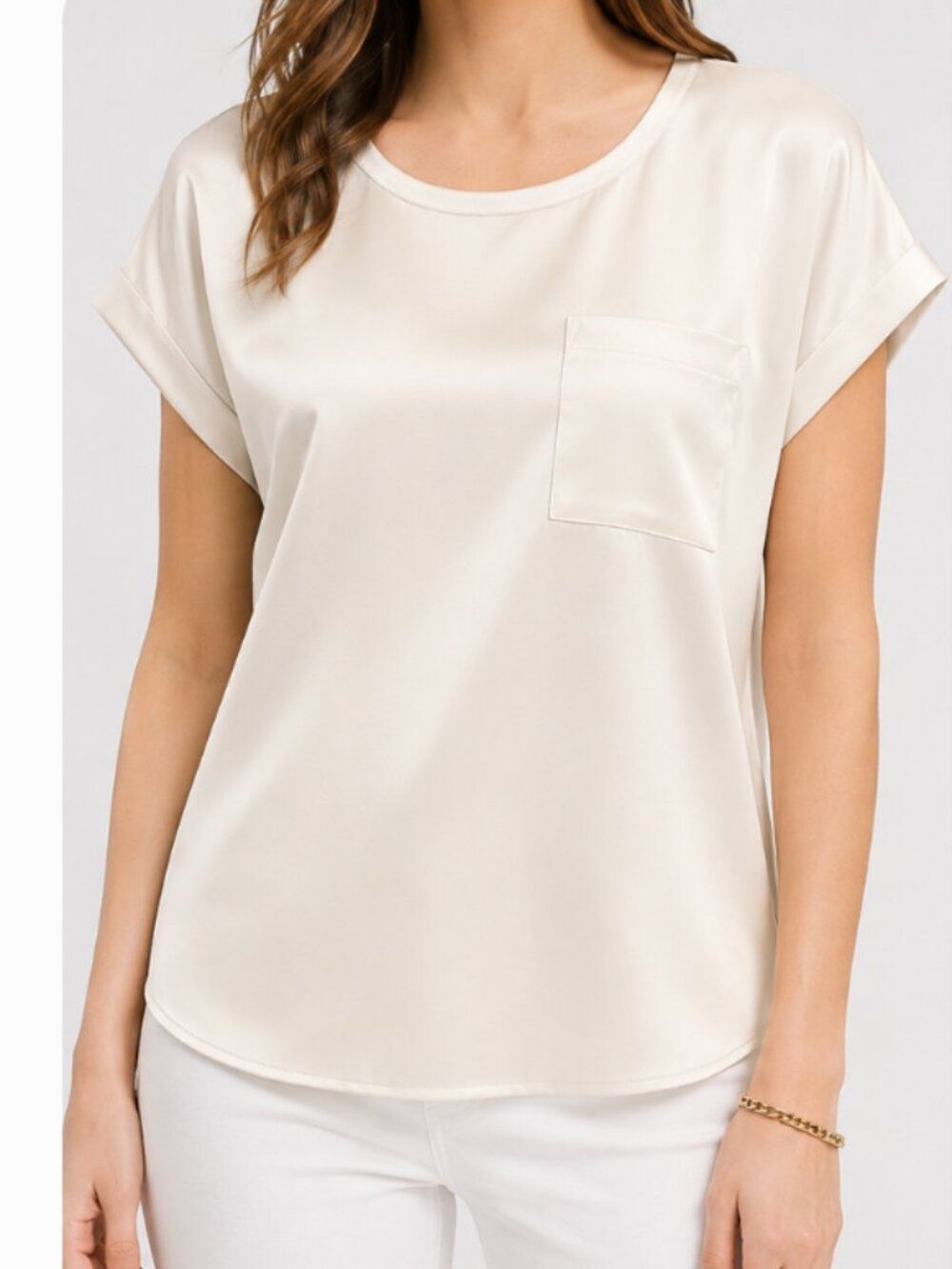 LOFT Satin Pocket Tee Blouse – Ivory‎ Satin - Size L - NWT